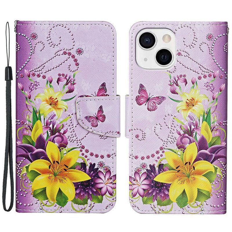 Flipové Pouzdro Iphone 13 Mistrovské Květiny S Páskem