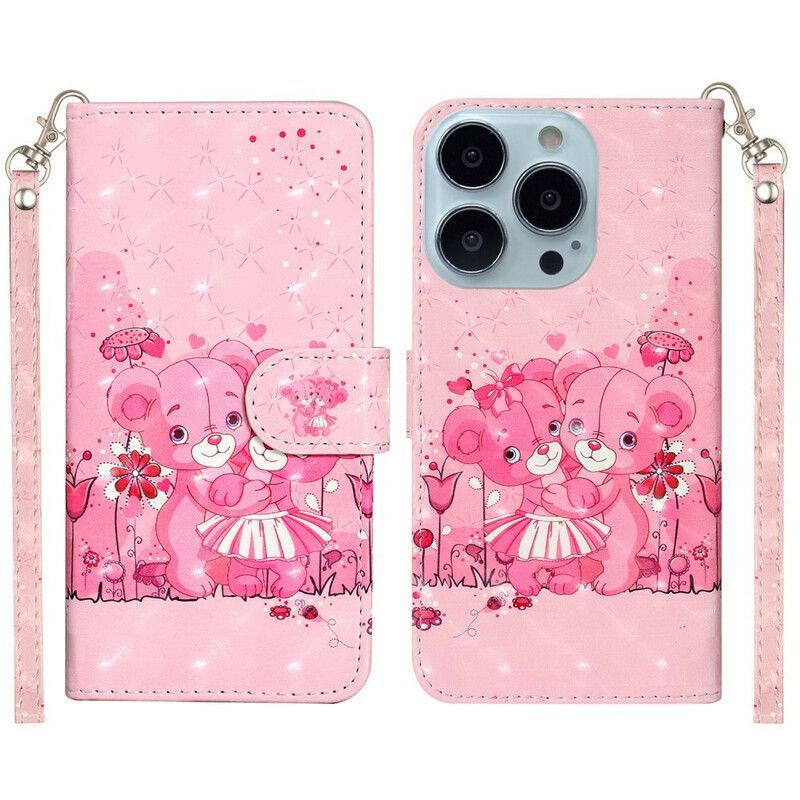 Flipové Pouzdro Iphone 13 Pro Max Medvěd Světelné Body S Popruhem