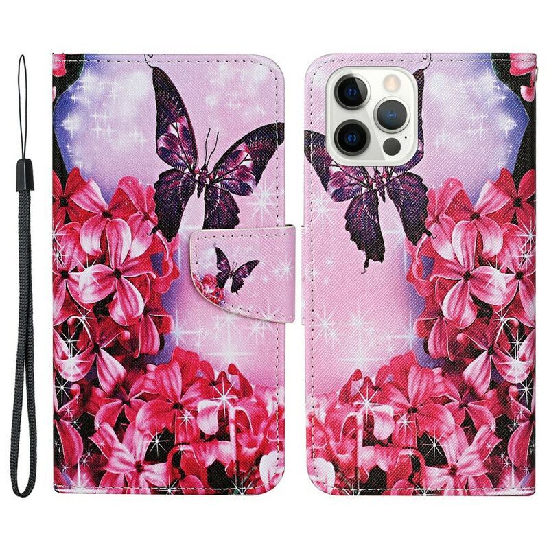 Flipové Pouzdro Iphone 13 Pro Motýlci A Popruh