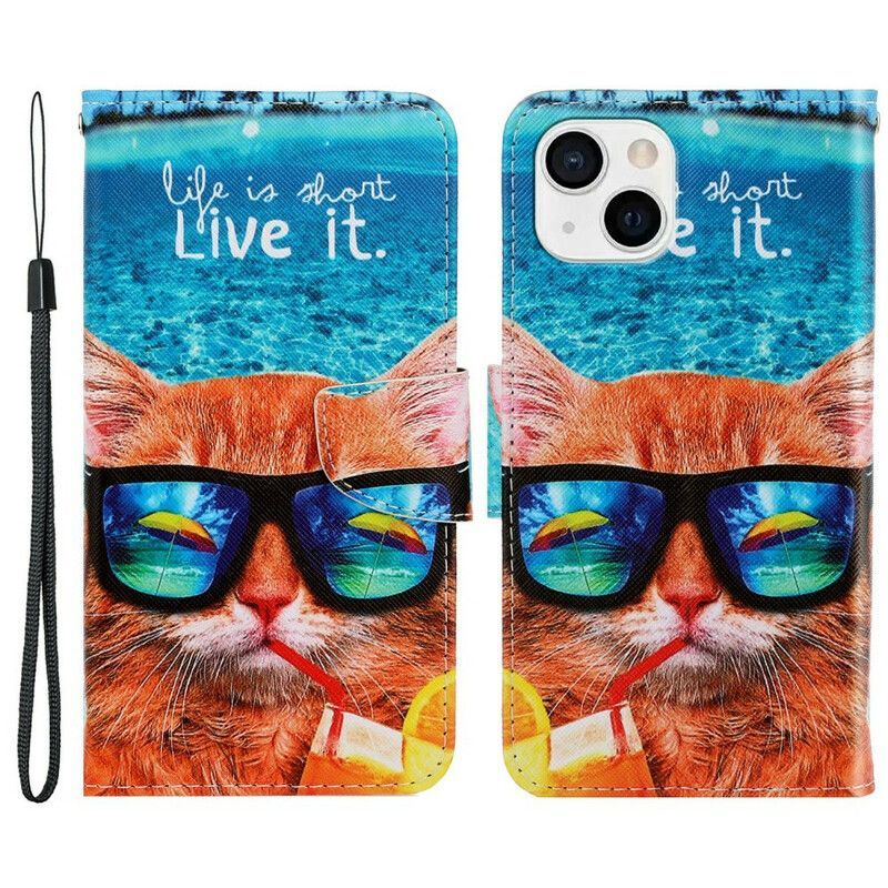 Flipové Pouzdro Na Iphone 13 Kočka Žije S Popruhem