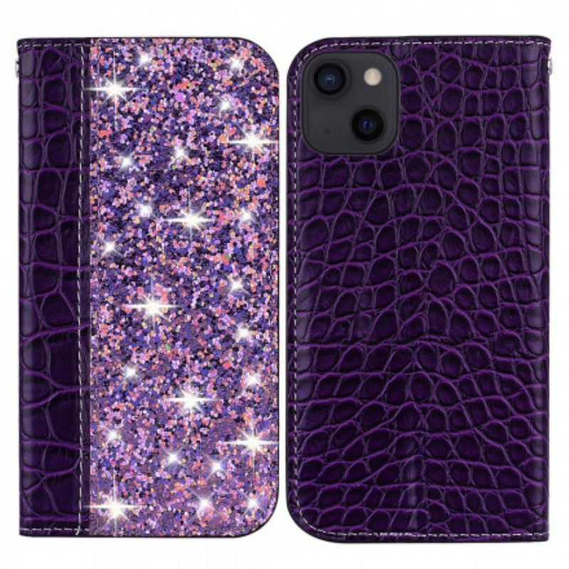 Kožené Pouzdro Folio Iphone 13 Efekt Krokodýlí Kůže A Flitry