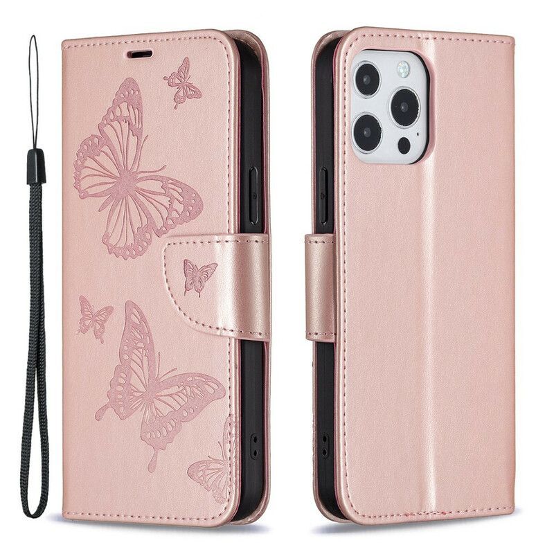 Kožené Pouzdro Iphone 13 Pro Max Motýlci A Šikmá Chlopeň