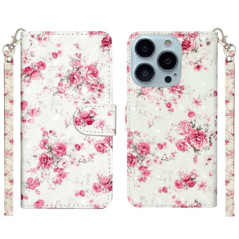 Kožené Pouzdro Iphone 13 Pro Max Řemínek Světle Bodové Květy
