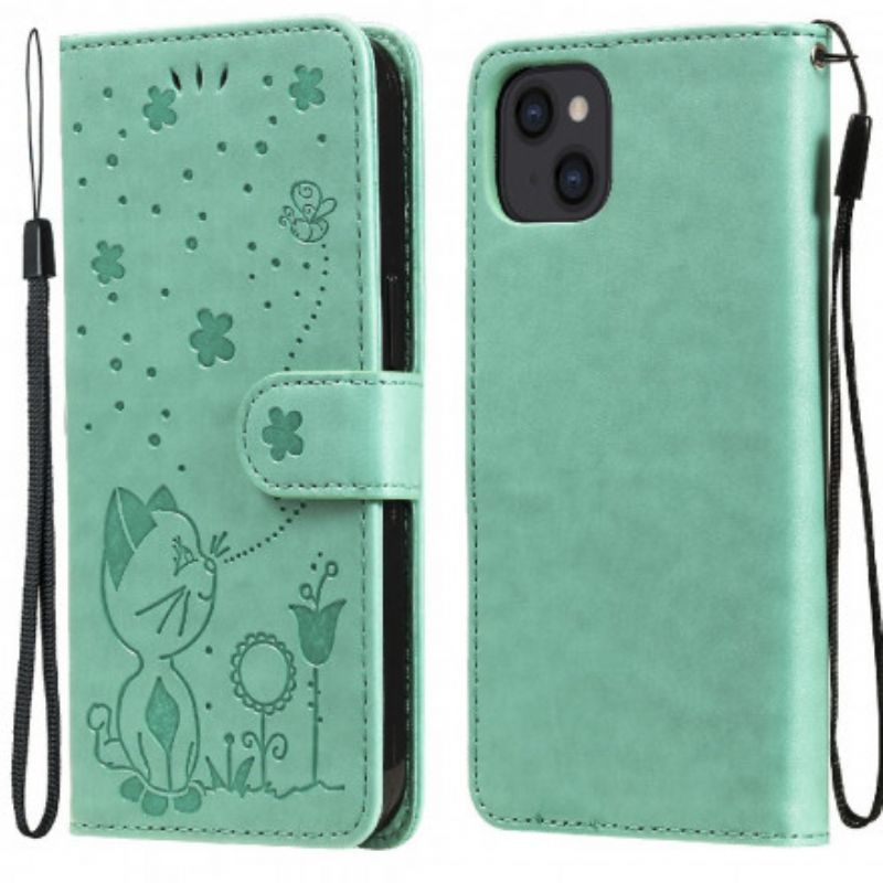 Kožené Pouzdro Na Iphone 13 Kočka A Včela S Popruhem