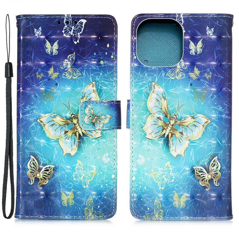 Kožené Pouzdro Na Iphone 13 Mini Šňůrka Na Zlaté Motýly
