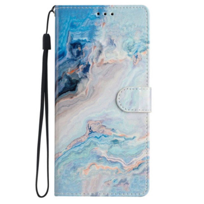 Kožený Kryt iPhone 16 Modrý Mramorový Vzor S Páskem