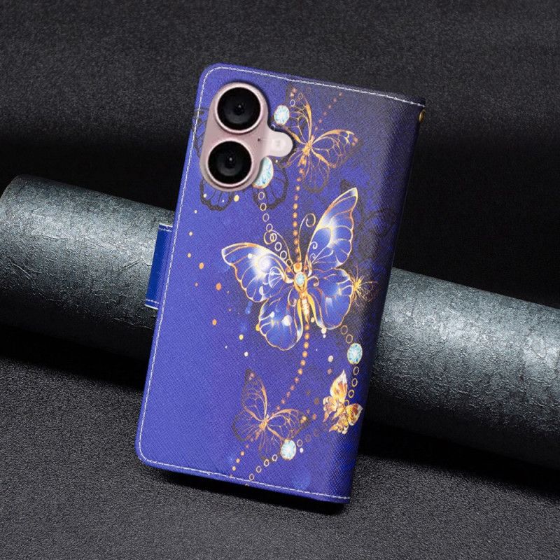 Kožený Kryt iPhone 16 Peněženka Purple Butterflies