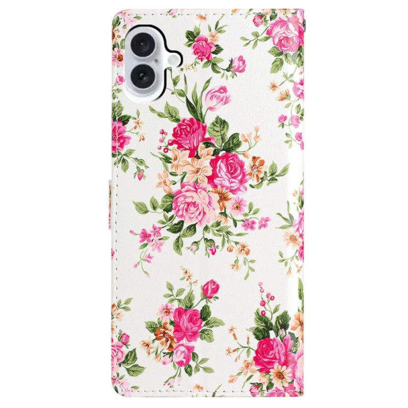 Kožený Kryt iPhone 16 Plus Červené Květy S Popruhem