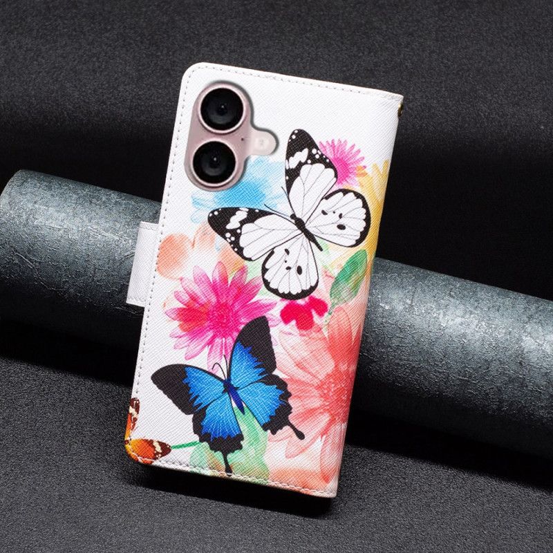 Kožený Kryt iPhone 16 Plus Dva Motýli S Popruhem