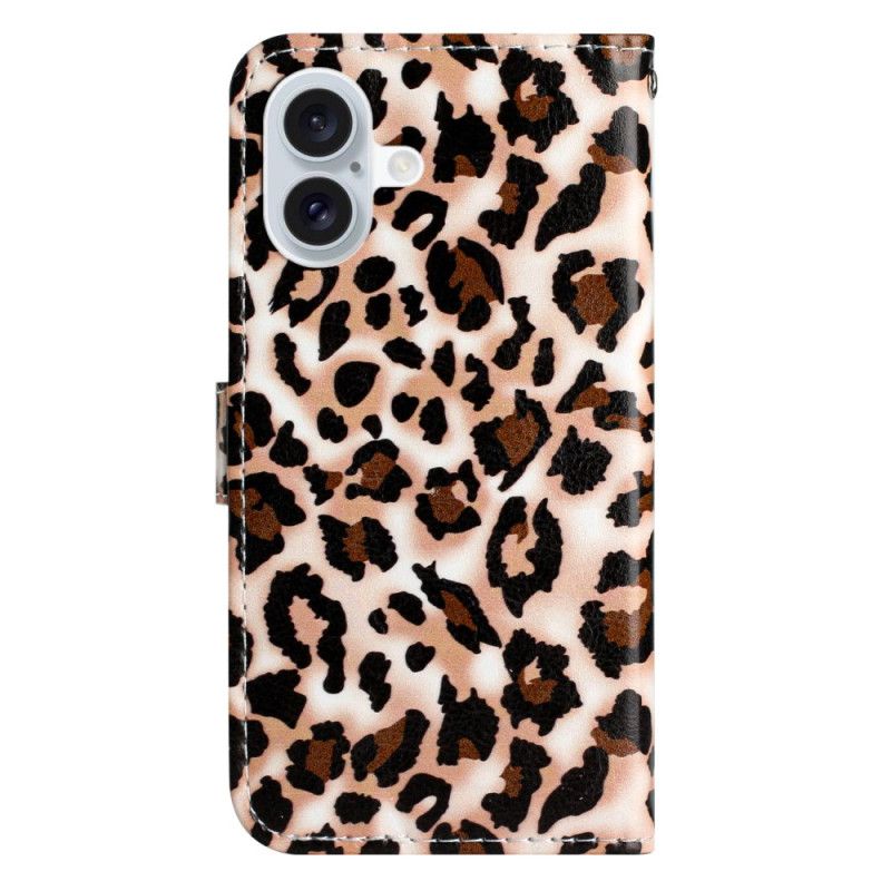Kožený Kryt iPhone 16 Plus Leopardí Vzor S Páskem