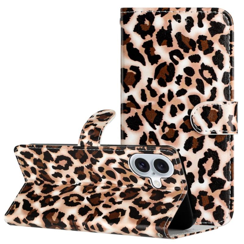 Kožený Kryt iPhone 16 Plus Leopardí Vzor S Páskem