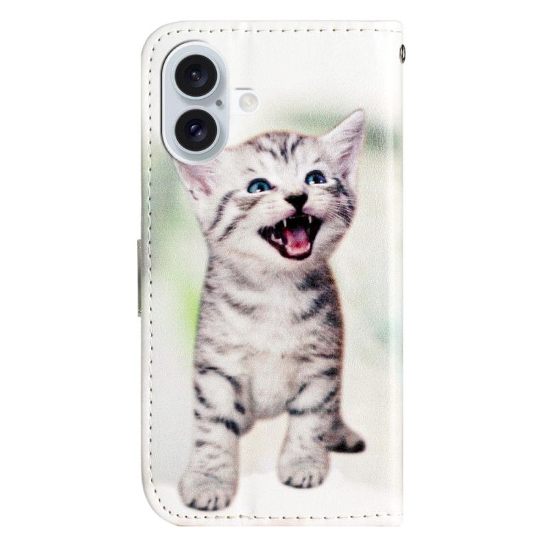 Kožený Kryt iPhone 16 Plus Malá Kočka S Popruhem