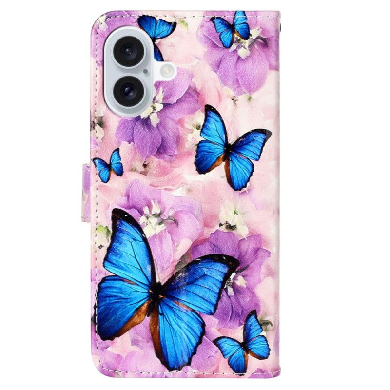 Kožený Kryt iPhone 16 Plus Motýli A Fialové Květiny S Popruhem