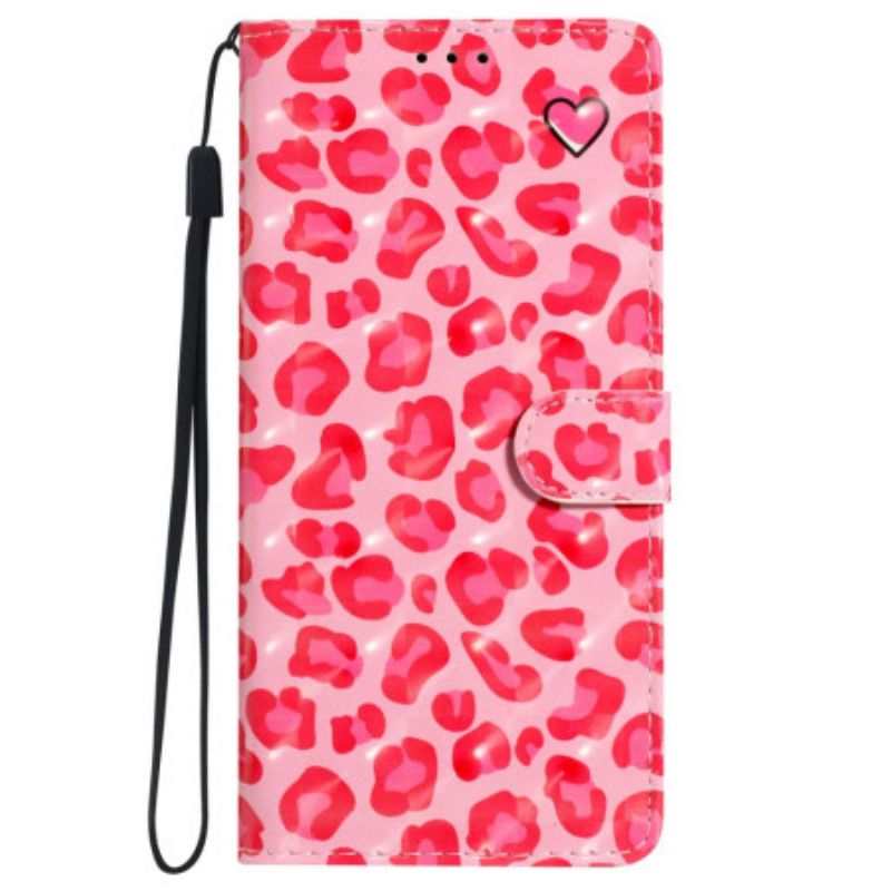 Kožený Kryt iPhone 16 Plus Růžový Leopardí Potisk S Páskem