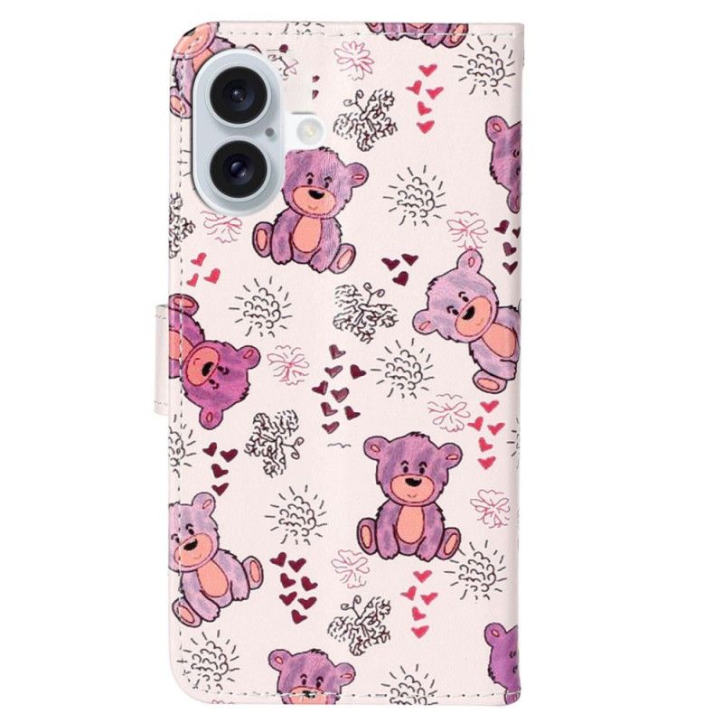 Kožený Kryt iPhone 16 Plus Vzor Lanyardového Medvěda