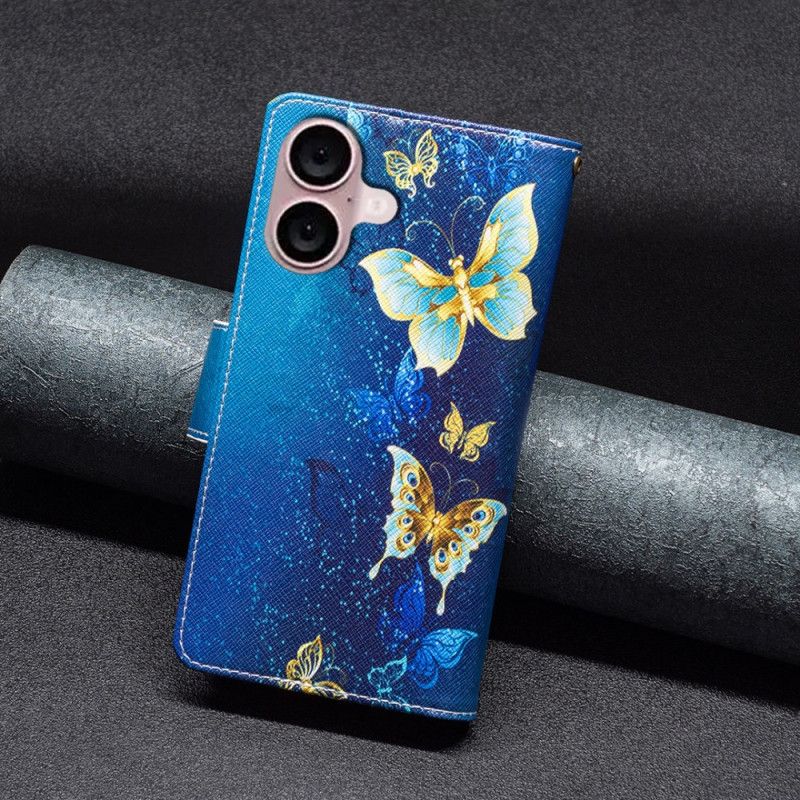 Kožený Kryt iPhone 16 Plus Zlatá Peněženka S Motýlky S Popruhem