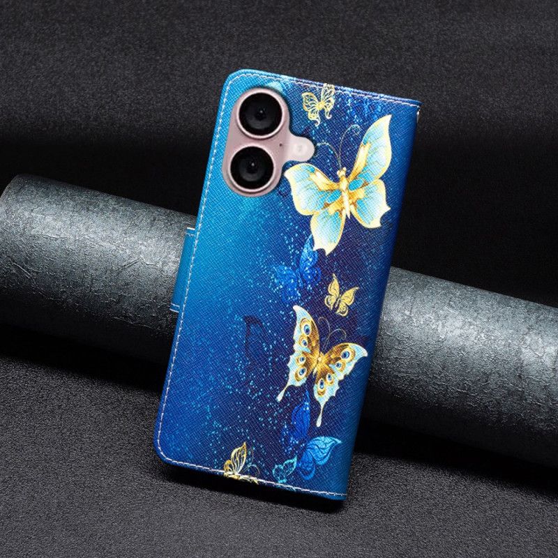Kožený Kryt iPhone 16 Plus Zlatí Motýli