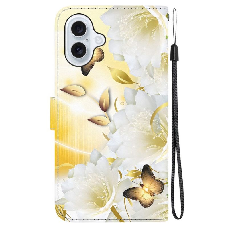 Kožený Kryt iPhone 16 Plus Zlatí Motýli A Bílé Květy S Popruhem
