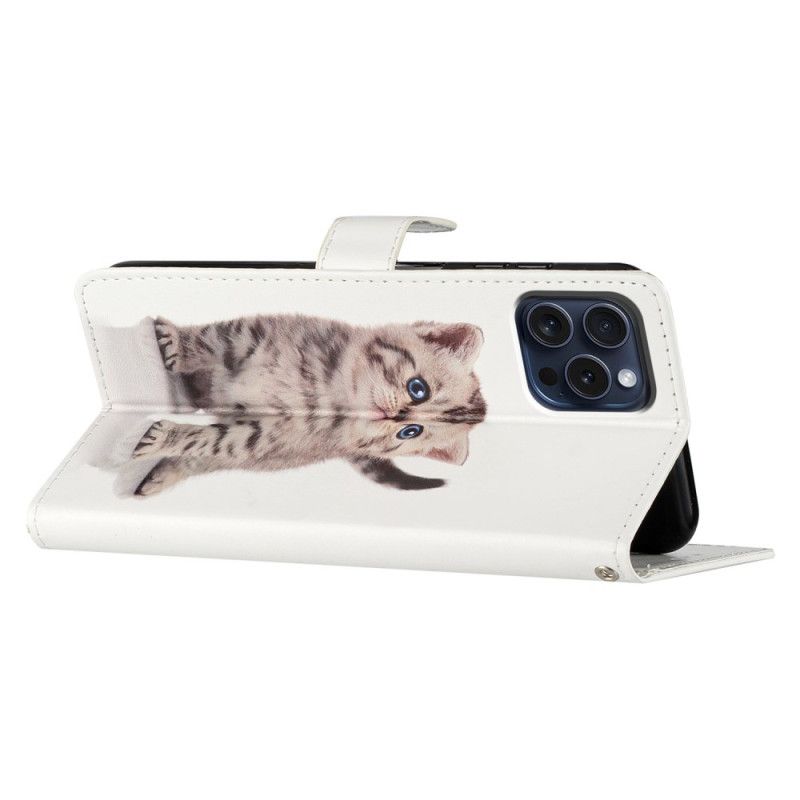 Kožený Kryt iPhone 16 Pro Malá Kočka S Popruhem