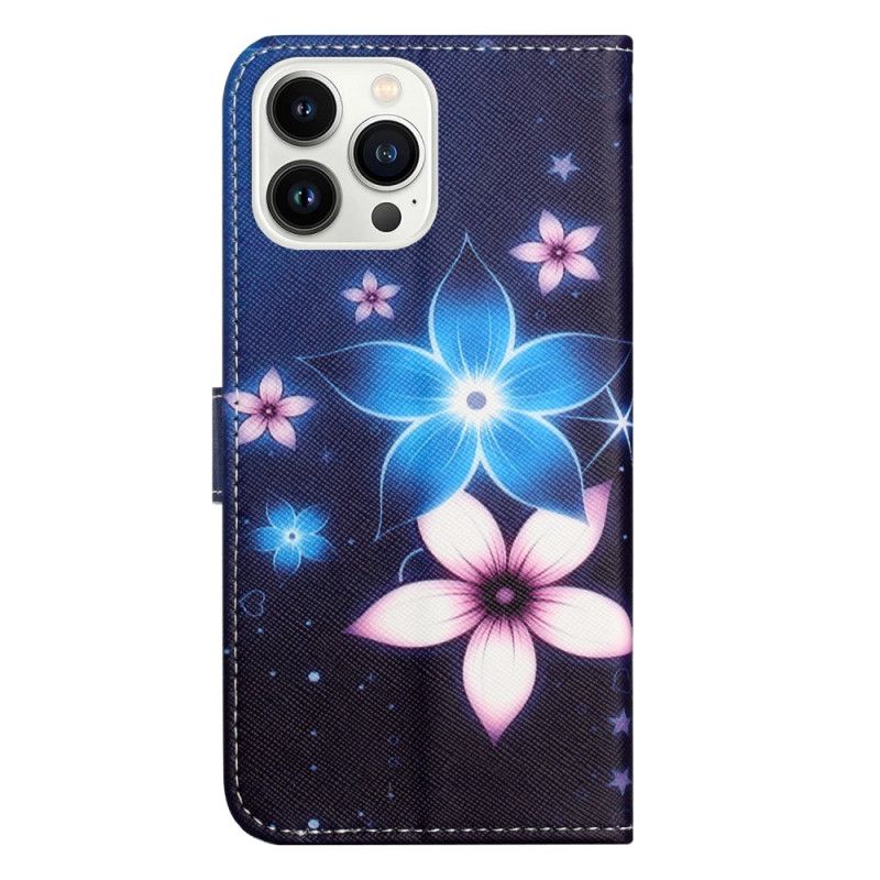 Kožený Kryt iPhone 16 Pro Max Lunární Květiny S Popruhem