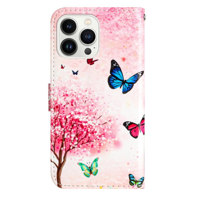 Kožený Kryt iPhone 16 Pro Max Třešňový Květ S Popruhem