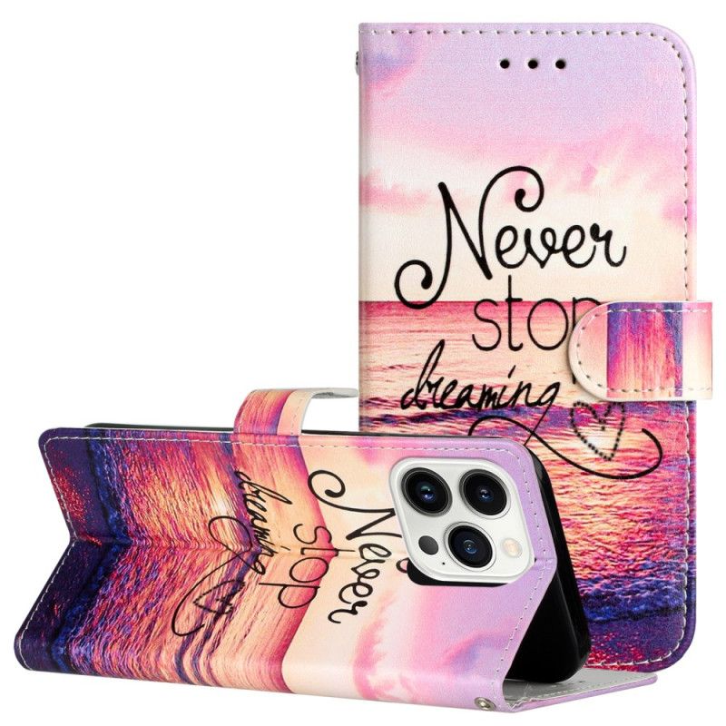 Kožený Kryt iPhone 16 Pro Nikdy Nepřestávejte Snít S Popruhem