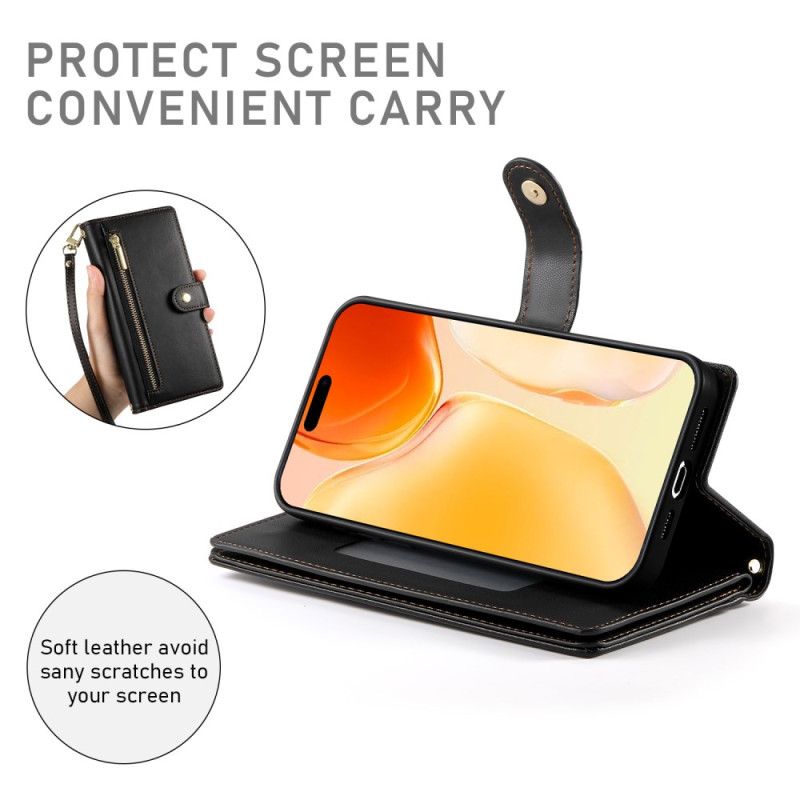 Kožený Kryt iPhone 17 Peněženka Se Zipem A Popruhy