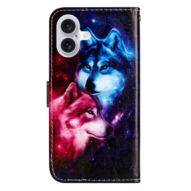 Kožený Kryt Na iPhone 16 Plus Dva Vlci S Popruhy