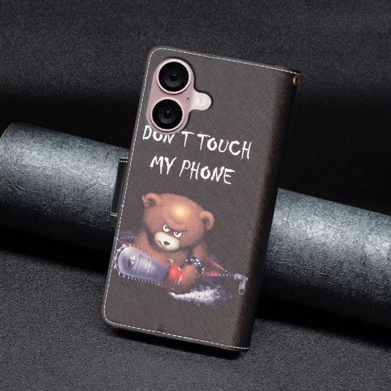 Kožený Kryt Na iPhone 16 Plus Peněženka Nebezpečného Medvěda S Popruhem