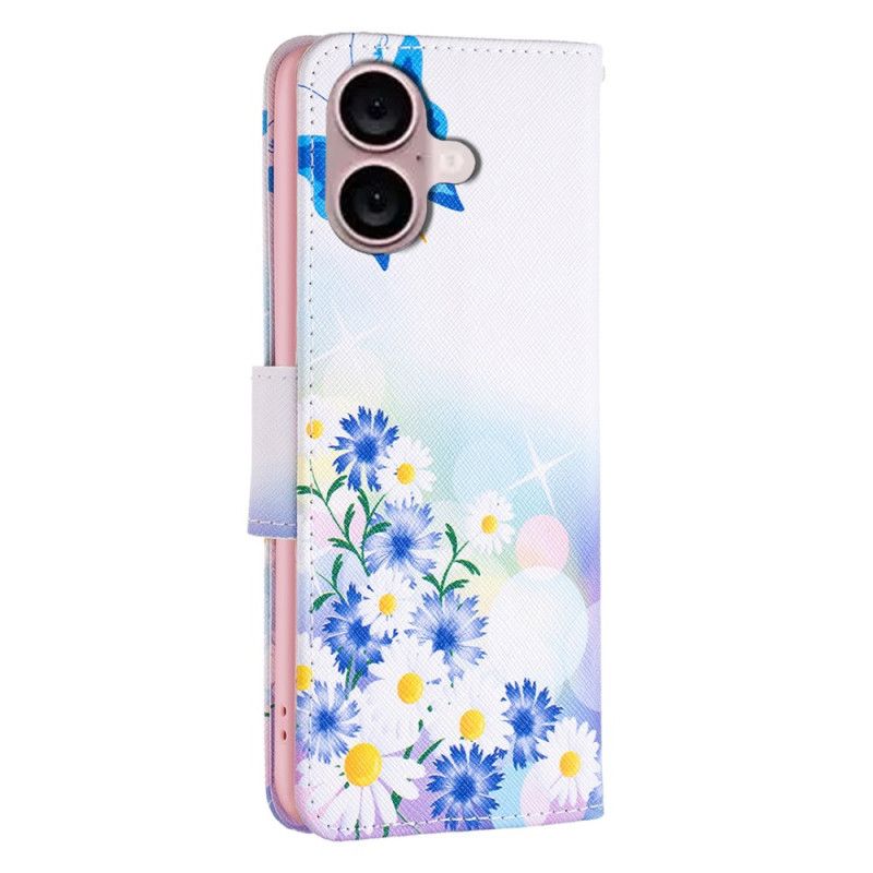Kožený Kryt Na iPhone 16 Plus Vzor Motýlů A Květin