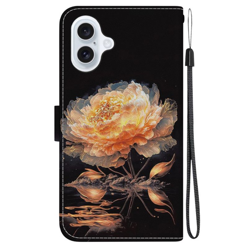Kožený Kryt Na iPhone 16 Plus Zlatá Pivoňka S Řemínkem