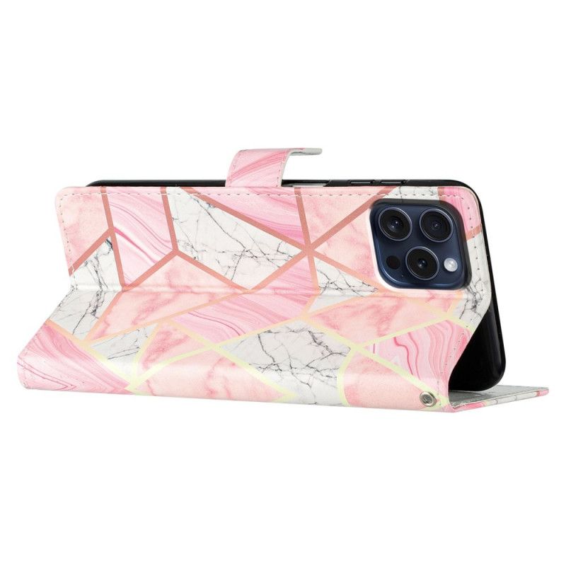 Kožený Kryt Na iPhone 16 Pro Růžový Mramor S Popruhem