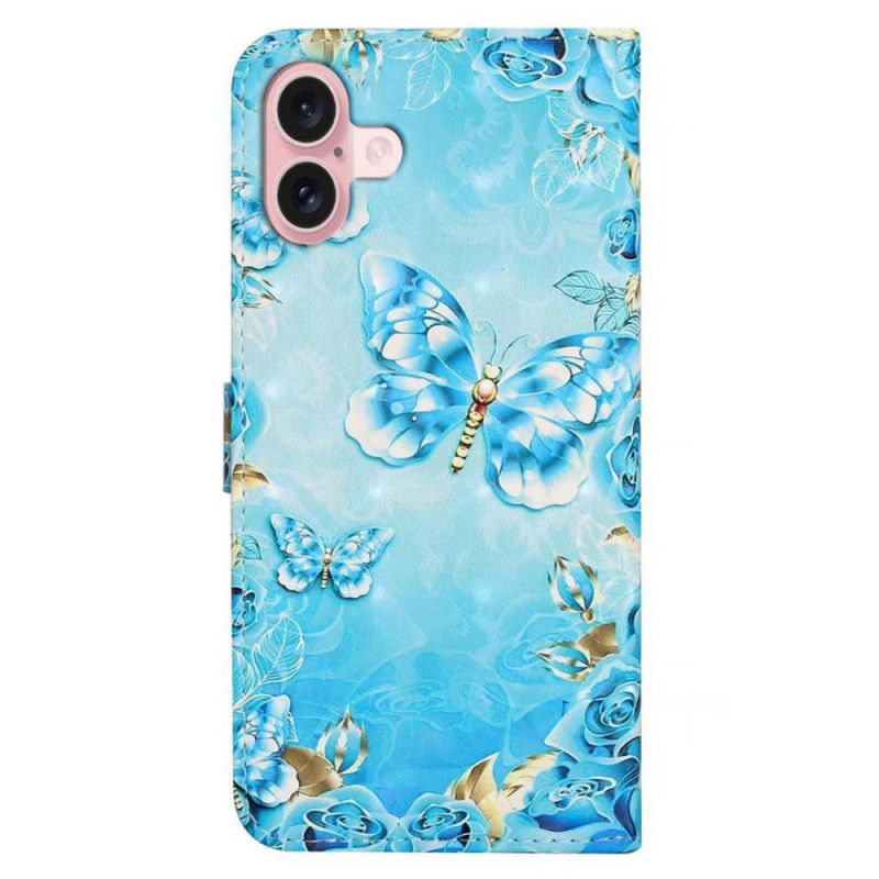 Kožený Kryt Na iPhone 16 Světle Modří Motýli