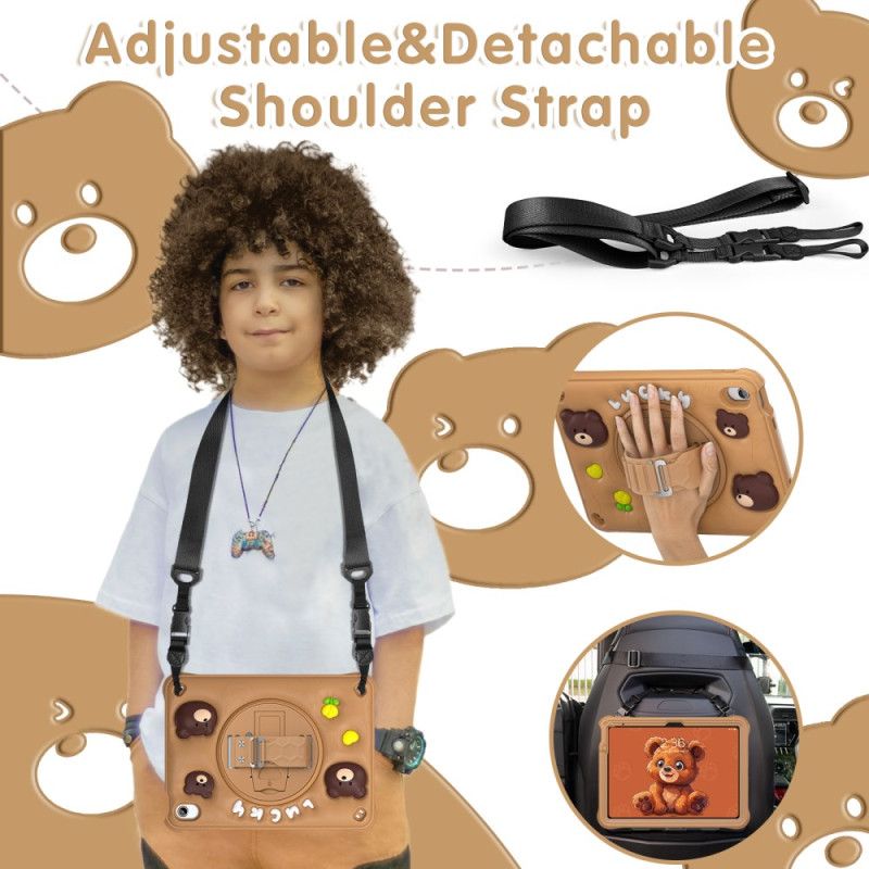 Kryt iPad (2025) Dětský Popruh S Medvědem A Ramenní Popruh