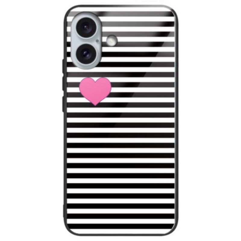 Kryt iPhone 16 Plus Pruhy A Srdce Z Tvrzeného Skla