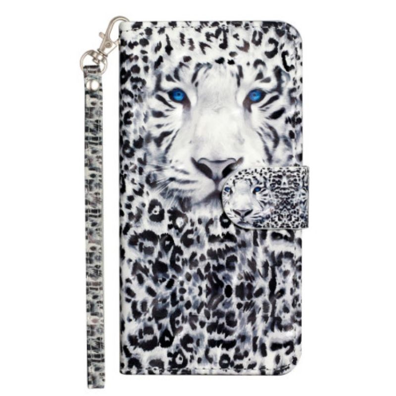 Peněženková Pouzdra iPhone 16 Plus Kryty Na Mobil Leopardí Hlava S Popruhem