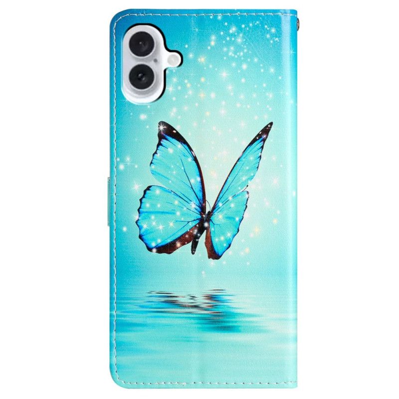 Peněženková Pouzdra iPhone 16 Plus Kryty Na Mobil Motýl Na Vodě S Popruhem