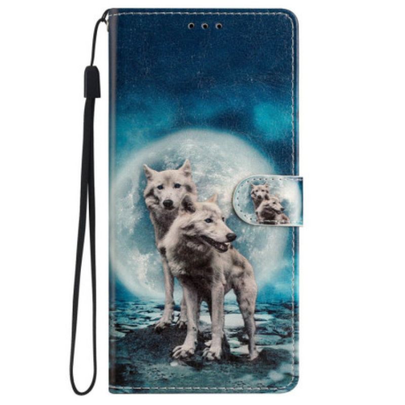 Peněženková Pouzdra iPhone 16 Plus Kryty Na Mobil Pár Vlků S Popruhy