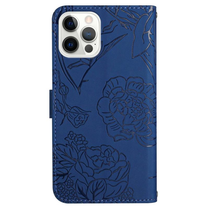 Peněženková Pouzdra iPhone 16 Pro Kryty Na Mobil Potisk Motýlů S Popruhem Přes Rameno