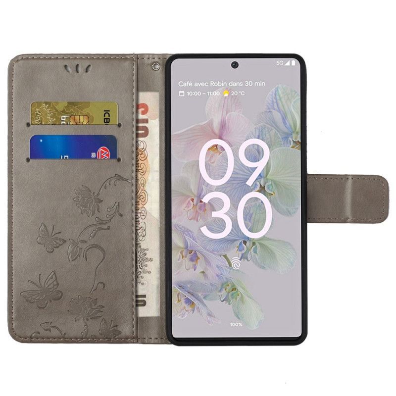 Flipové Pouzdro Na Google Pixel 6A Na Lana Květiny A Motýli S Popruhem