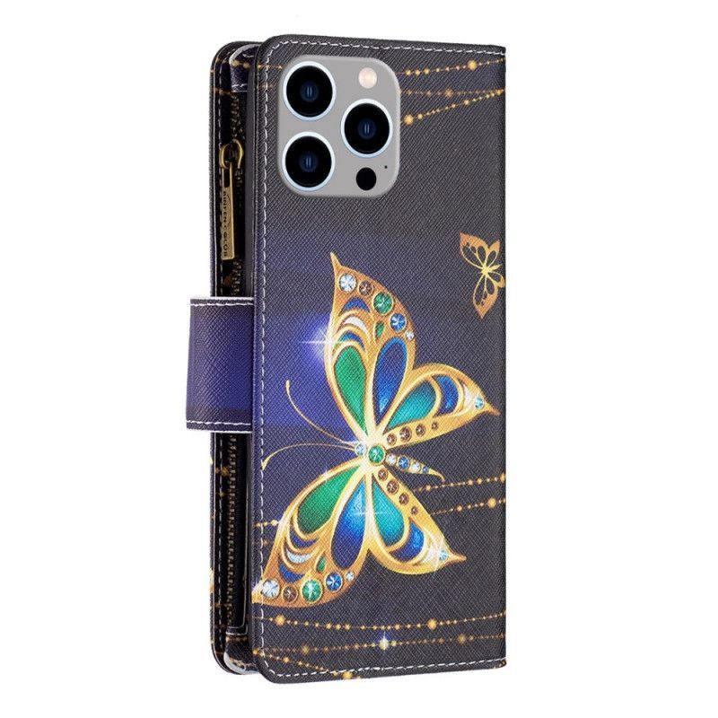 Flipové Pouzdro Na iPhone 14 Pro Max Kapsa Na Zip S Motýly