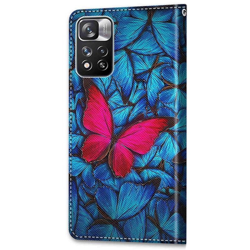 Flipové Pouzdro Na Xiaomi Redmi Note 11 Pro Plus 5G Červený Motýl Modré Pozadí