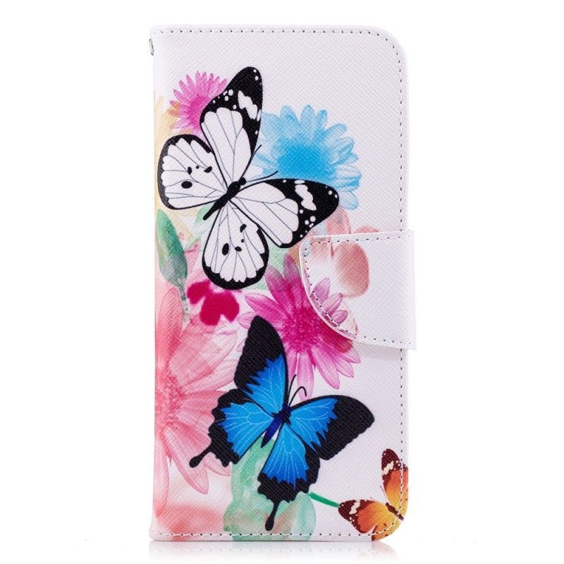 Kožené Pouzdro Huawei P20 Malovaní Motýli A Květiny