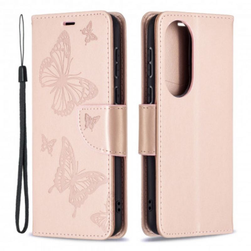 Kožené Pouzdro Huawei P50 Motýlci A Šikmá Chlopeň