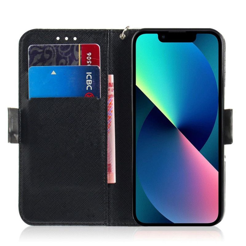 Kožené Pouzdro Na iPhone 14 Plus Na Lana Rozzlobená Panda S Lanyardem