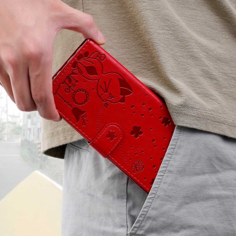 Kožené Pouzdro Na OnePlus Nord 2T 5G Na Lana Kočka A Včela S Držákem Na Lanyard