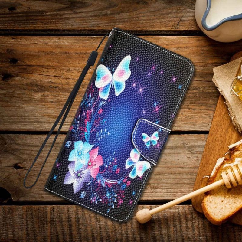 Kožené Pouzdro Na Samsung Galaxy A14 / A14 5G Na Lana Vílí Motýli S Lanyardem