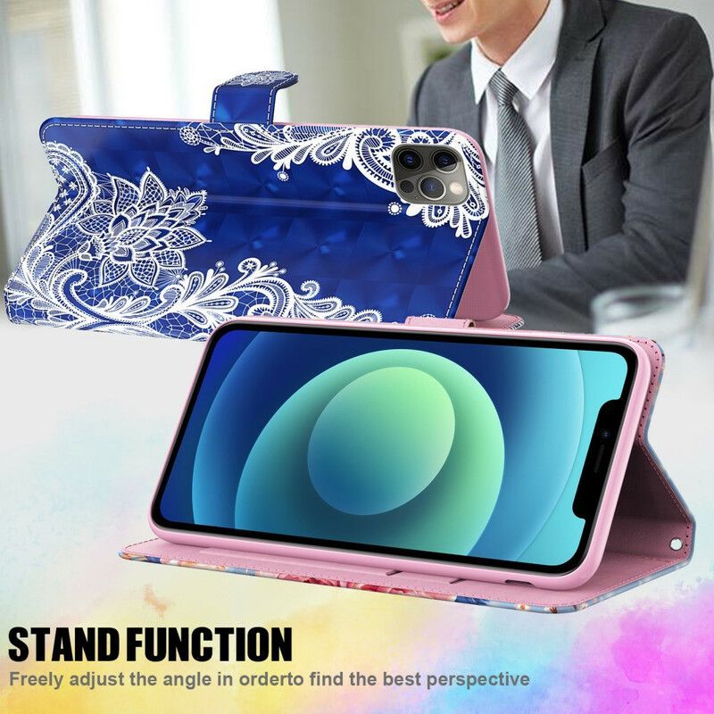 Kožené Pouzdro Na Samsung Galaxy M12 / A12 Světlá Bodová Krajka S Páskem