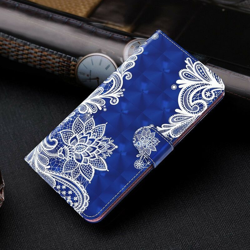 Kožené Pouzdro Na Samsung Galaxy M12 / A12 Světlá Bodová Krajka S Páskem