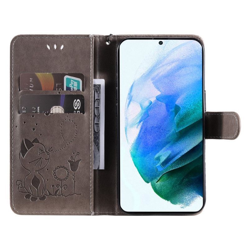 Kožené Pouzdro Na Samsung Galaxy S22 Plus 5G Na Lana Kočka A Včela Se Šňůrkou